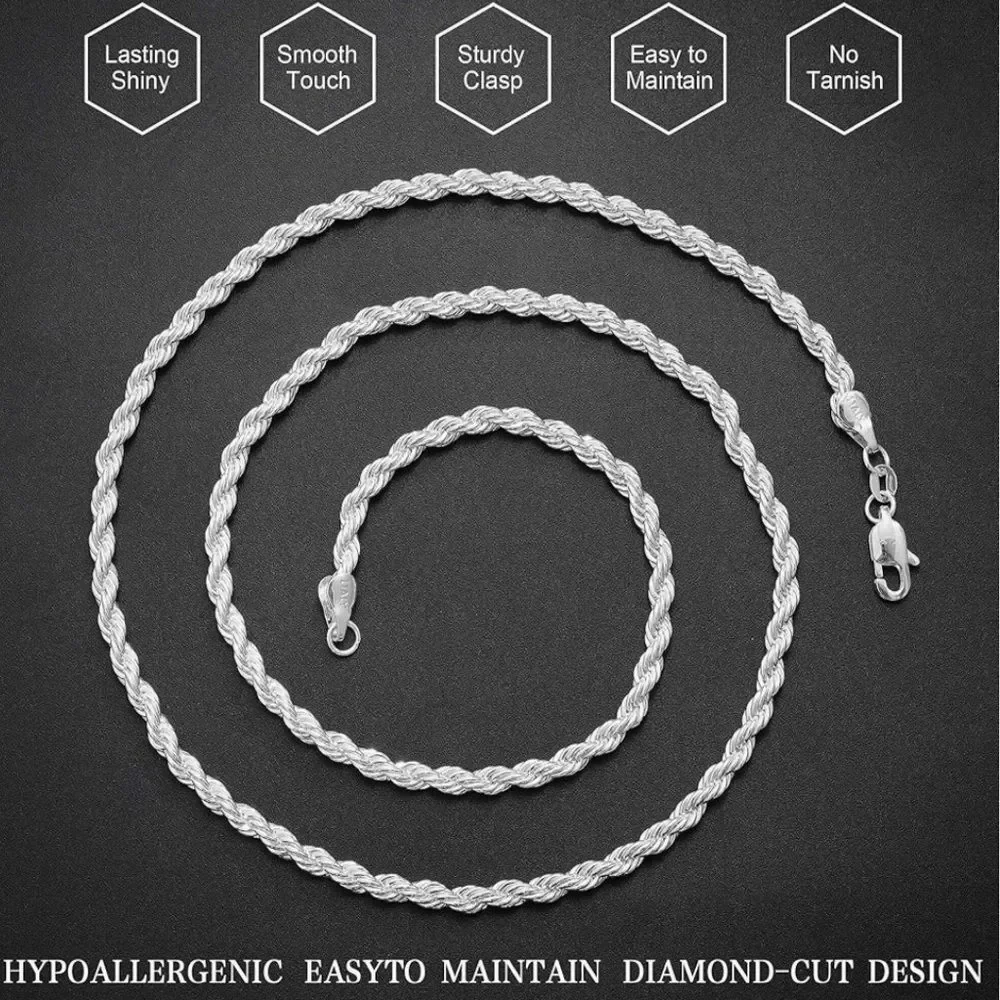 Men’s 4mm Rope Chain .925 Sterling Silver Stamped Franco Necklace Diamond-Cut